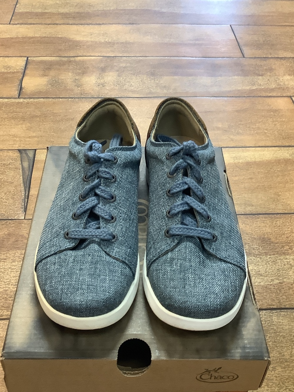 Chaco women’s  Denim-Style Lace-Up Sneakers in Blue with White Soles